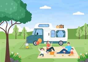 ilustração de fundo de carro de acampamento com barraca, fogueira, lenha, carro campista e seu equipamento para pessoas em passeios de aventura ou férias na floresta ou montanhas vetor