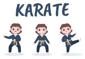 crianças bonitas dos desenhos animados fazendo alguns movimentos básicos de artes marciais de karatê, pose de luta e vestindo quimono em ilustração vetorial de fundo de estilo plano vetor