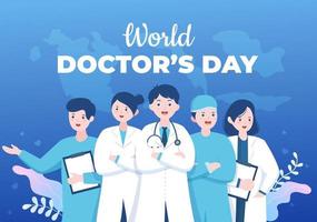 ilustração vetorial do dia mundial dos médicos para cartão de felicitações, pôster ou plano de fundo com imagem de médico, estetoscópio e equipamento médico vetor