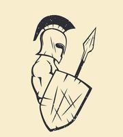 espartano com lança e escudo, forte guerreiro grego no capacete vetor