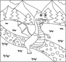dragão para colorir página 47. bonito dragão com natureza, grama verde, árvores no fundo, vetor preto e branco para colorir.