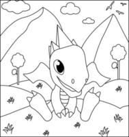 dragão para colorir página 28. dragão bonito com natureza, grama verde, árvores no fundo, vetor preto e branco para colorir.