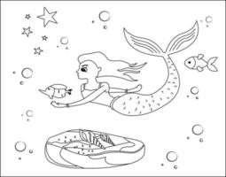 sereia para colorir página 26, sereia fofa com peixinhos dourados, grama verde, bolhas de água no fundo, vetor preto e branco para colorir.
