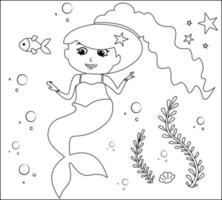 sereia para colorir página 13, sereia fofa com peixinhos dourados, grama verde, bolhas de água no fundo, vetor preto e branco para colorir.