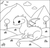 dragão para colorir página 44. dragão bonito com natureza, grama verde, árvores no fundo, vetor preto e branco para colorir.