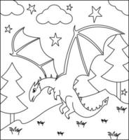 dragão para colorir página 13. dragão bonito com natureza, grama verde, árvores no fundo, vetor preto e branco para colorir.
