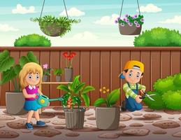 feliz menino e menina trabalhando no jardim vetor