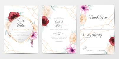 Modelo de cartões de convite de casamento com flores em aquarela vetor