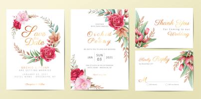 Modelo de cartões de convite de casamento com flores elegantes vetor