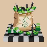 conceito de estratégia, dinheiro e chessblack no saco, financeiro e investimento, ilustrador vetorial vetor