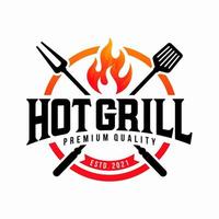 logotipo de churrasco grelhado vintage, vetor de churrasco retrô, ícone de comida e restaurante de grelha de fogo, ícone de fogo vermelho