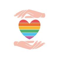 duas mãos com coração colorido arco-íris. orgulho gay. conceito lgbt. conceito de lésbicas, gays, bissexuais, transgêneros, símbolo de amor. bandeira do coração lgbt. igualdade e auto-afirmação. ilustração vetorial vetor