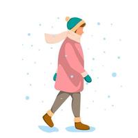 garota andando no inverno. conceito de neve, geada, estação fria. ilustração vetorial. vetor