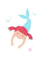 menina sereia bonitinha nadando debaixo d'água. ilustração vetorial de crianças desenhada em estilo cartoon vetor