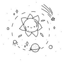 cosmos doodle fofo com planetas solares de estrelas para cartão postal, pôster, plano de fundo. mão desenhada ilustração vetorial de linha. vetor