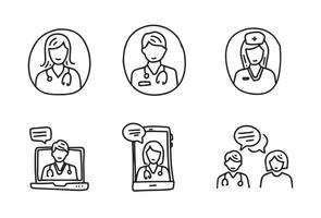 ícone de médico no estilo doodle. elementos médicos desenhados à mão. coleção de check-up de saúde. check-up online vetor