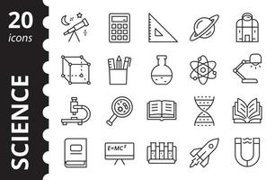 conjunto de ícones de ciência. símbolos de coleção relacionados à pesquisa em medicina, astronomia, física. sinais de contorno simples. vetor