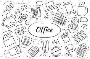 conjunto de objetos e elementos do espaço de trabalho do escritório. ilustração de linha vetorial simples. vetor