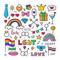 doodle de vetor lgbt definido em cores. desfile gay. esboço desenhado à mão. ilustrações de contorno isolado.