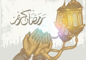 fundo de ramadan kareem com mão rezando, lanterna e caligrafia. vetor