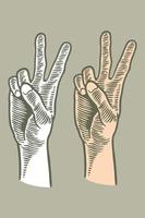 desenho de mão gravura gesto de paz de mão isolado em fundo cinza vetor