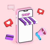 compras on-line em um estilo de desenho animado 3d de aplicativo móvel, smartphone em um fundo rosa, maquete de telefone celular, vetor