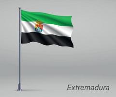 acenando a bandeira da extremadura - região da espanha no mastro da bandeira. vetor