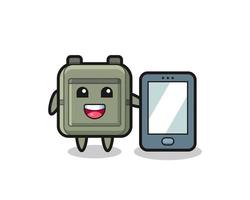 desenho de ilustração de mochila escolar segurando um smartphone vetor