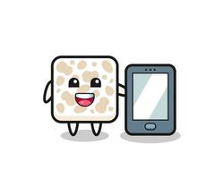 desenho de ilustração tempeh segurando um smartphone vetor