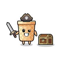 o personagem pirata de cone de waffle segurando a espada ao lado de uma caixa de tesouro vetor