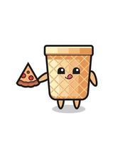 desenho de cone de waffle fofo comendo pizza vetor