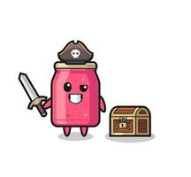 o personagem pirata de geléia de morango segurando a espada ao lado de uma caixa de tesouro vetor
