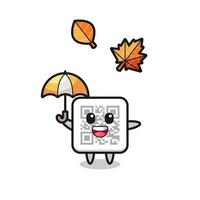 desenho animado do código qr fofo segurando um guarda-chuva no outono vetor