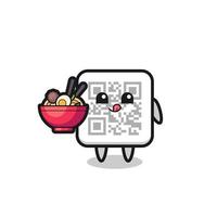 personagem de código qr fofo comendo macarrão vetor