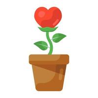 planta em vaso com coração, ícone plano de amor crescente vetor