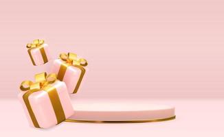 pedestal de ouro rosa sobre fundo natural pastel rosa com caixa de presente 3d. exibição de pódio vazio na moda para apresentação de produtos cosméticos, revista de moda. copie a ilustração vetorial de espaço vetor