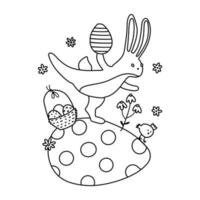 lindo coelhinho da páscoa equilibrando no ovo pascal. ilustração vetorial desenhada à mão em preto e branco para livro de colorir de férias vetor