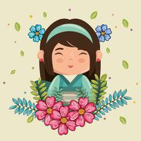 Smiley menina japonesa kawaii com caráter de flores