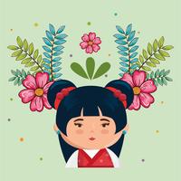menina japonesa kawaii com caráter de flores vetor