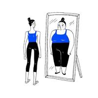 conceito de perda de peso - jovem apto, magro olhando para a garota gorda no reflexo do espelho no fundo branco. vetor