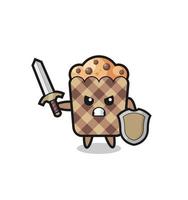 soldado muffin bonito lutando com espada e escudo vetor