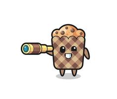 personagem de muffin fofo está segurando um telescópio antigo vetor