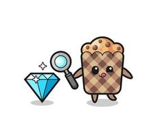 mascote muffin está verificando a autenticidade de um diamante vetor