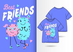 Melhores amigos monstro mão desenhada camiseta Design