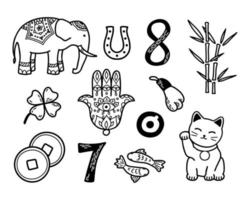 conjunto de símbolos de boa sorte. ilustração vetorial de contorno de talismãs e encantos asiáticos. símbolos de sucesso e prosperidade