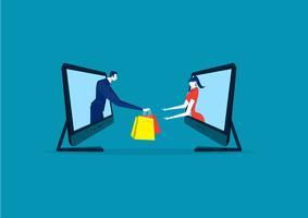 compras online no computador portátil ou e-commerce em fundo azul vetor