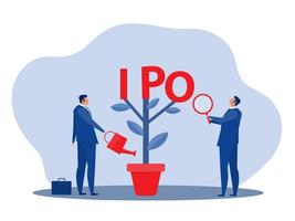 empresário regar as plantas com IPO, oferta pública inicial. pessoas investindo conceito de estratégia, ilustração vetorial plana. vetor