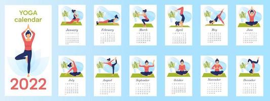 calendário vertical, páginas de parede ou calendário de mesa. calendário de ioga para 2022. linda mulher faz ioga, esportes em casa ou na academia. imagem para cada mês vetor