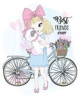 Mão desenhada linda garota com bicicleta e cachorro melhor amigo vetor