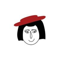 doodle de rosto humano desenhado à mão. mulher com chapéu vermelho. desenho de caneta de tinta isolada. esboço a lápis. vetor